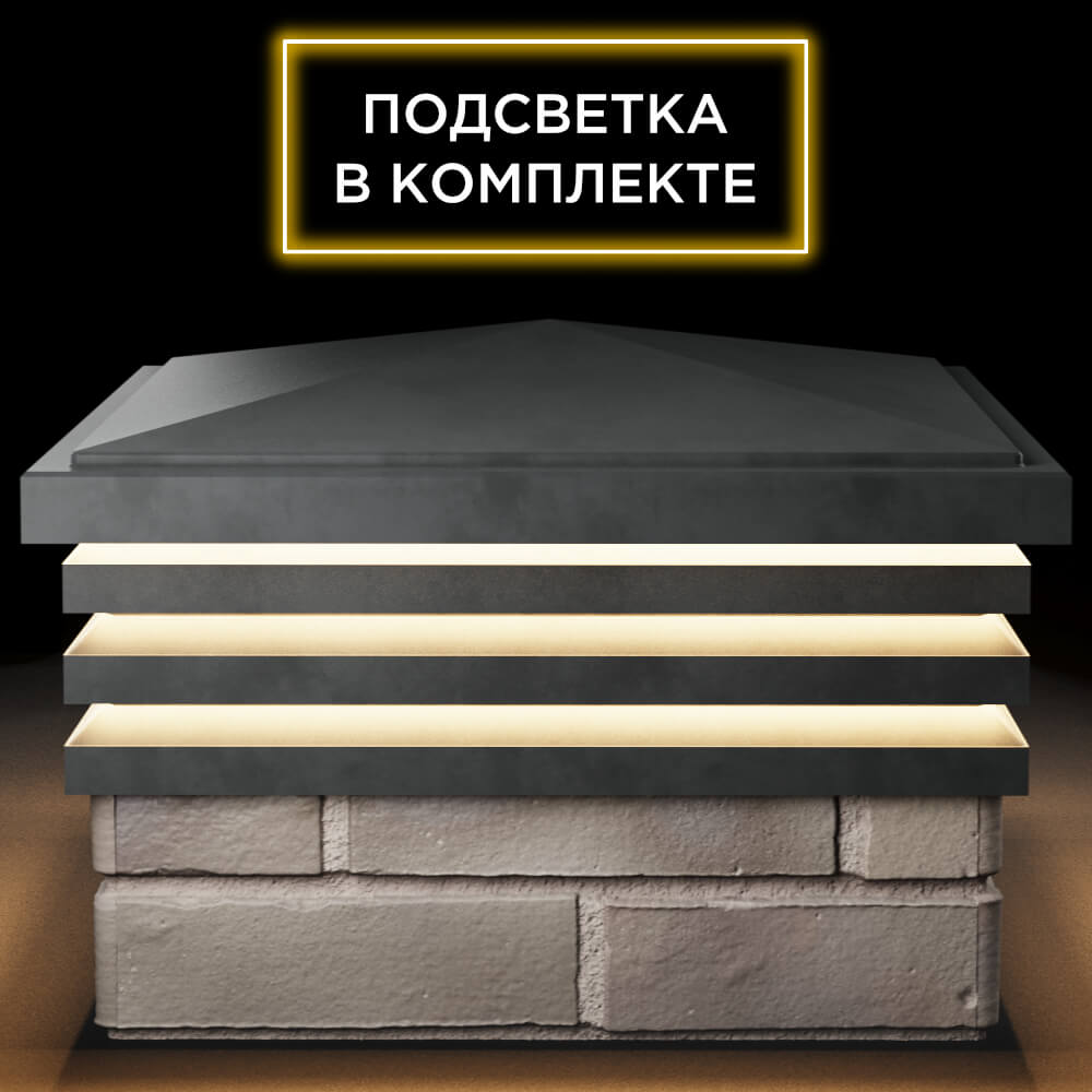 Колпак Zking Бона ХайТек Серый на столб 1.5х1.5 кирпича (385х385мм) с подсветкой Феодосия фото